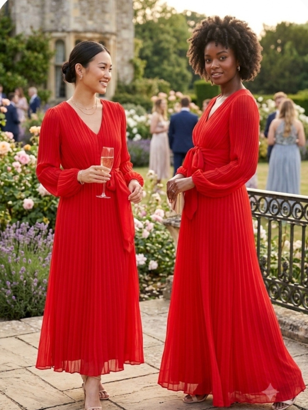 Sam Edelman Red Pleated V-Neck Maxi Dress with Tie Waist